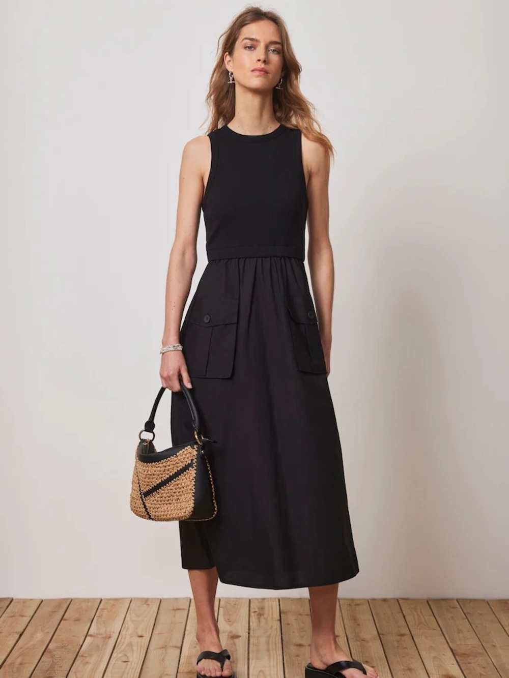 Mint Velvet Black Midi Dress Sleeveless Ribbed Bodice Pocket Skirt Size S